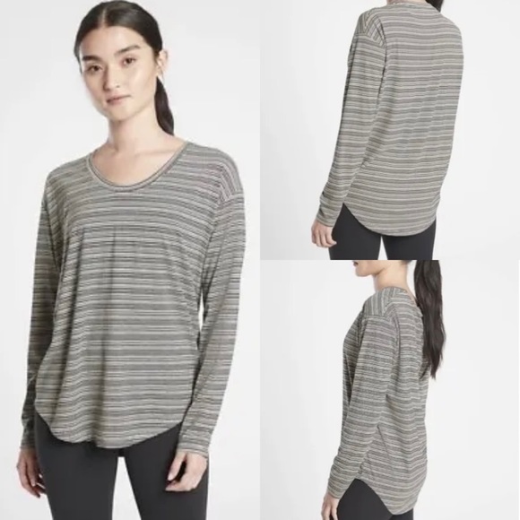 Athleta Women’s Cloudlight Stratus Black/Ivory Striped Top Scoop Neck LS Sz M - Picture 1 of 14